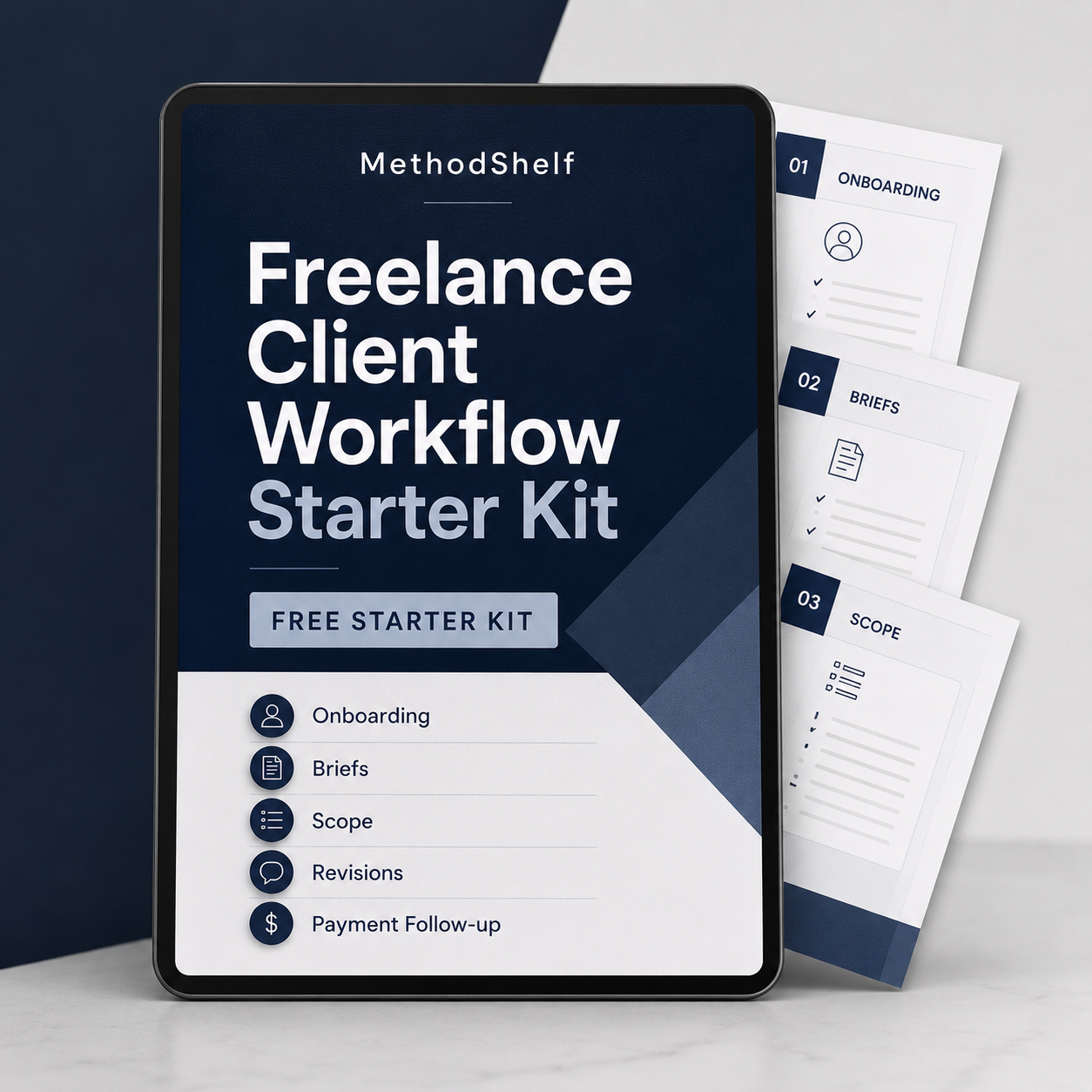 MethodShelf digital product mockup featuring The Freelancer Client System Pack